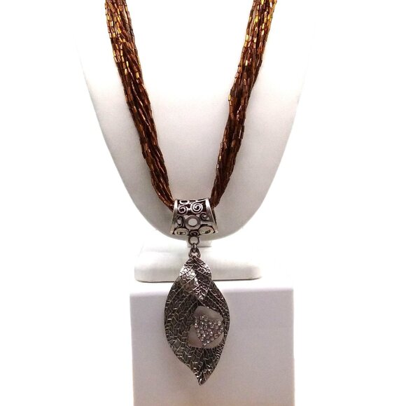 Vintage Torsade Necklace with Chunky Silver Pendant Slide, Pierced Leaf - Picture 3 of 6